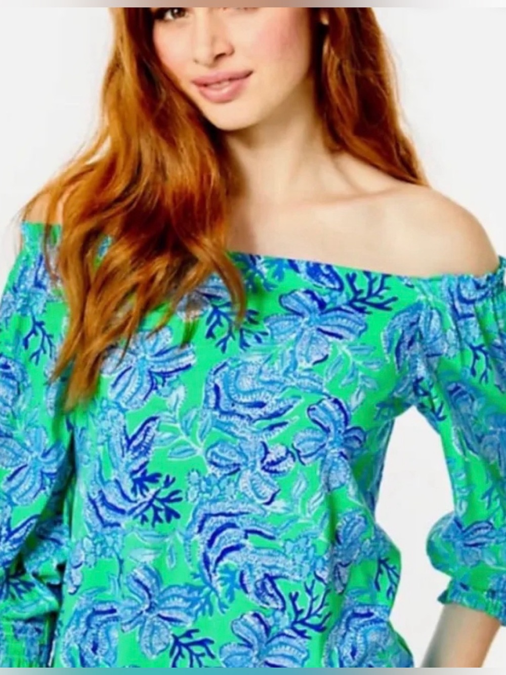 Lilly Pulitzer Leesa Off-Shoulder Top in Bright Green and Blue Floral XL